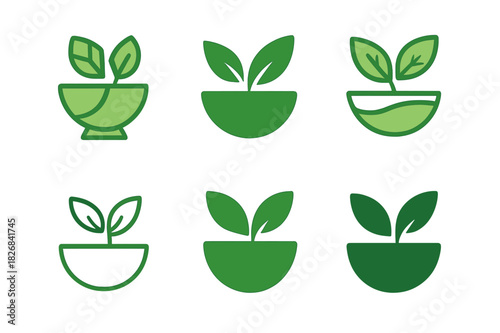 Plant-Based Logo Variations. Plant-Based Diet. Icon set. Set Logo of Plant-Based Diet: bowl with leaves. harmonious logo variations of the same emblematic