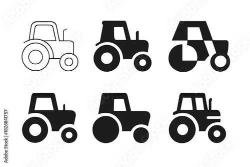 Tractor Logo Variations. Tractor. Icon set. Set Logo of Tractor: Farm Tractor. harmonious logo variations of the same emblematic concept, each with different