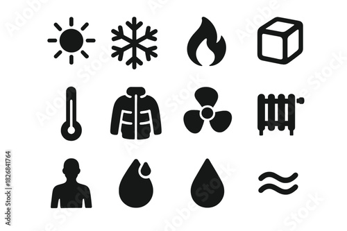 Heat and Cold Symbols. Heat and cold balance. Solid icon set of heat and cold balance: sun, snowflake, flame, ice cube, thermometer, jacket, fan, heater, body