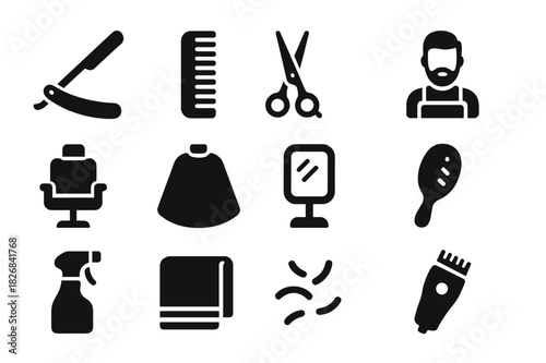 Men's Grooming Icons. Men's grooming. Solid icon set of Men's grooming: straight razor, comb, scissors, barber, barber chair, cape, mirror, hairbrush, spray
