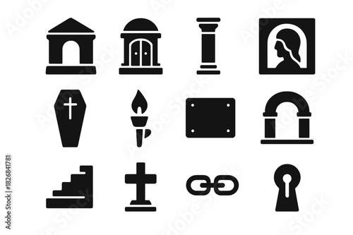 Tomb Icon Set. Tomb Architecture. Solid icon set of Tomb Architecture: mausoleum, crypt door, marble pillar, carved relief, coffin lid, torch holder, plaque,