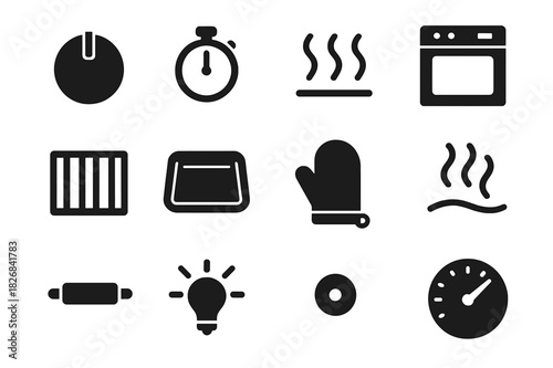 Black Oven Icons. Oven operation. Solid icon set of Oven operation: knob, timer, heat waves, oven door, rack, baking tray, oven mitt, steam, handle, light,