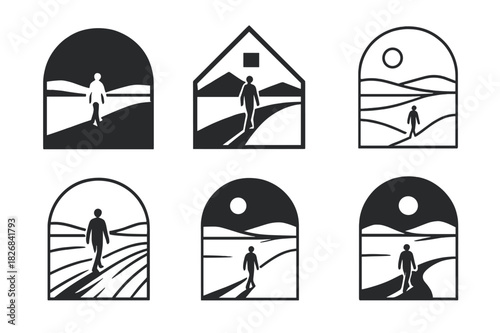 Barren Landscape Logos. Person walking through a barren landscape. Icon set. Set Logo of barren landscape: horizon with solitary figure. harmonious logo