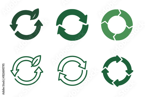 Circular Economy Icons. Circular economy and waste reduction initiatives. Icon set. Set Logo of circular economy: upcycling symbol. harmonious logo variations