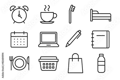Daily Routine Icons. The Simplicity of Daily Routines and Tasks. Line icon set of The Simplicity of Daily Routines and Tasks: alarm clock, coffee