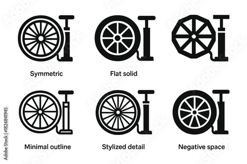 Bicycle Repair Icons. Fixing a bicycle. Icon set. Set Logo of fixing a bicycle: Tire pump and wheel. harmonious logo variations of the same emblematic concept,