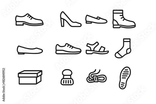 Office Footwear Icons. Office footwear. Line icon set of office footwear: dress shoes, heels, loafers, flats, boots, sneakers, sandals, socks, shoebox, polish