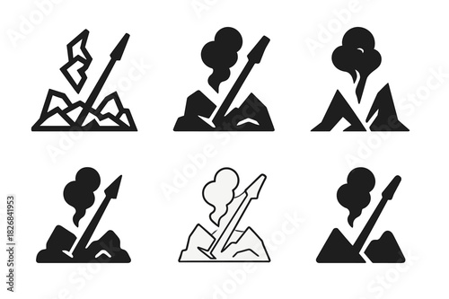 Battlefield Remains Icons. The remains of a battlefield with smoke rising into the sky. Icon set. Set Logo of battlefield remains: broken spear. harmonious