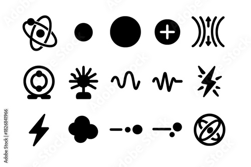 Plasma Physics Icons. Plasma physics. Solid icon set of Plasma physics: ion, electron, proton, magnetic field, particle accelerator, plasma globe, energy wave,