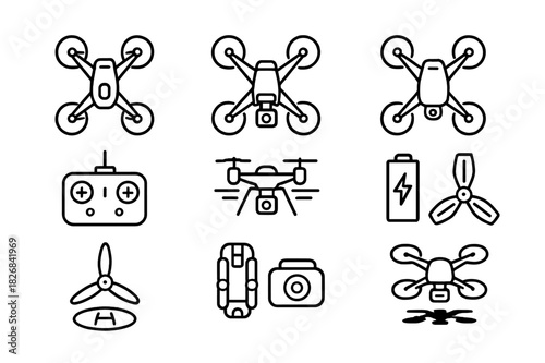 FPV Drone Icons. FPV Drones. Line icon set of FPV Drones: FPV drone, camera drone, quadcopter, drone controller, drone in flight, drone battery,