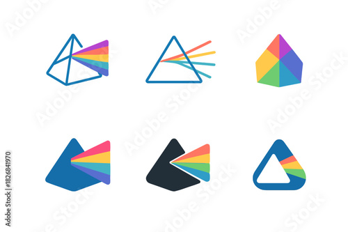 Glowing Prism Logos. light show. Icon set. Set Logo of light show: glowing prism. harmonious logo variations of the same emblematic concept, each