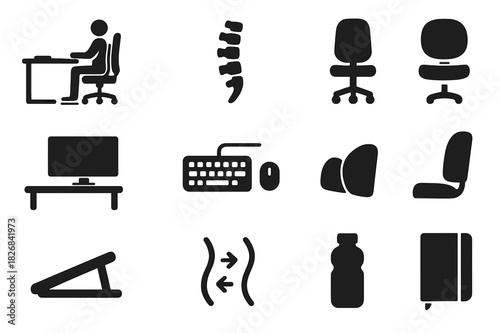 Ergonomic Workspace Icons. Ergonomic Workspace. Solid icon set of chair, desk, monitor, keyboard, mouse, posture icon, lumbar cushion, footrest, headset,