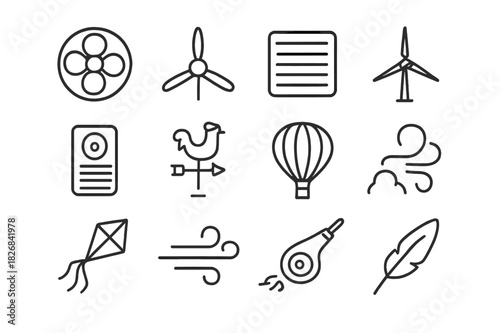 Air Tools Icon Set. Air Tools. Line icon set of Air Tools: fan, propeller, air vent, wind turbine, air purifier, weather vane, hot air balloon, smoke trail,