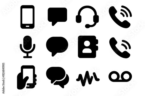 Phone Chat Icons. Phone chat. Solid icon set of Phone chat: smartphone, speech bubble, headset, call icon, microphone, message, contact book, ringing phone,