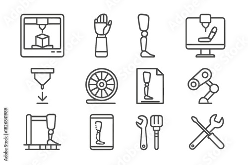 3D Prosthetics Icons. 3D printing for prosthetics. Line icon set of 3D printing for prosthetics: 3D printer, prosthetic arm, prosthetic leg, CAD model, printer