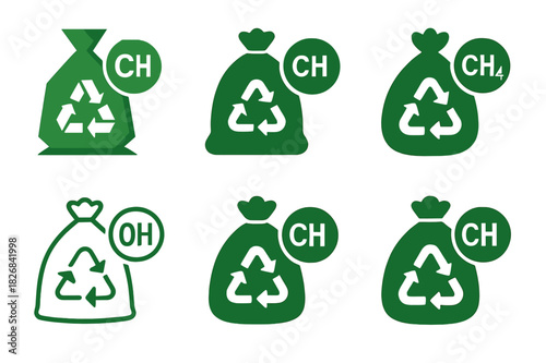 Waste-to-Energy Logo Set. renewable energy generation from waste. Icon set. Set Logo of renewable energy generation from waste: methane capture from waste.