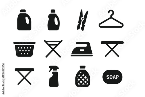Laundry Icon Set. Folding Laundry. Line icon set of Folding Laundry: t-shirt, pants, socks, towel, laundry basket, hanger, ironing board, folded stack, washing