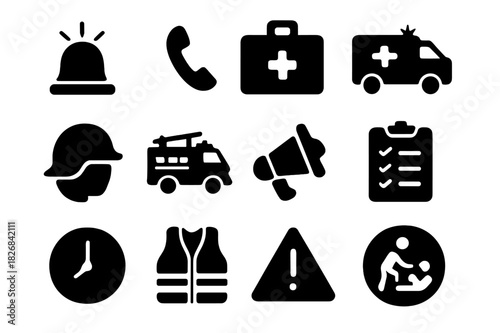 Emergency Response Icons. Emergency response. Solid icon set of emergency response: siren light, phone call, first aid kit, ambulance, firefighter helmet, fire