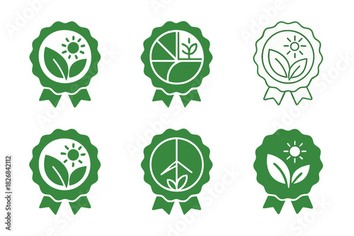 Renewable Energy Icons. renewable energy credits. Icon set. Set Logo of renewable energy credits: eco certification badge. harmonious logo variations of the