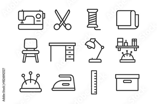 Craft Studio Icons. Craft studio. Line icon set of craft studio: sewing machine, scissors, thread spool, fabric, chair, desk, lamp, shelf, pin cushion, iron,