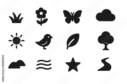 Meadow Icon Set. Peaceful meadow. Solid icon set of peaceful meadow: grass, flower, butterfly, cloud, sun, bird, leaf, tree, hill, breeze, star, path. Filled