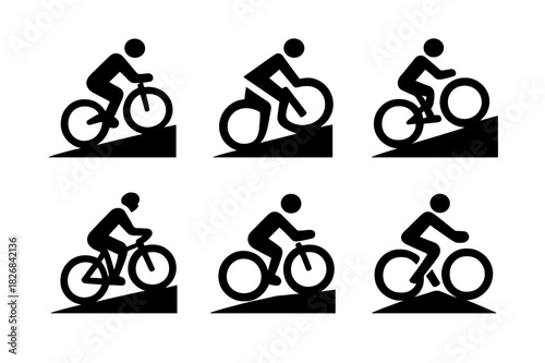 Cyclist Logo Variations. Person on bicycle. Icon set. Set Logo of person on bicycle: cyclist pedaling forward with dynamic motion lines. harmonious logo