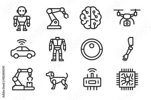Robotic Innovation Icons. Robotic Advancements. Line icon set of Robotic Advancements: humanoid robot, robotic arm, AI brain, drone, autonomous car,