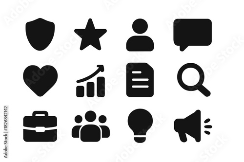 Reputation Management Icons. Reputation management. Solid icon set of reputation management: shield, star, person, chat bubble, heart, chart, document,