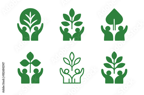 Tree Planting Logos. tree planting programs. Icon set. Set Logo of tree planting programs: community reforestation. harmonious logo variations of the same