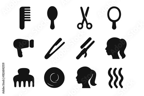 Elegant Hair Icon Set. Elegant hair. Solid icon set of Elegant hair: comb, hairbrush, scissors, mirror, hair dryer, straightener, curling iron, hairpins, hair