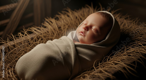 newborn baby jesus sleeping peacefully in manger with hay. biblical nativity story. christian christmas celebration. religious and spiritual theme. greeting card.