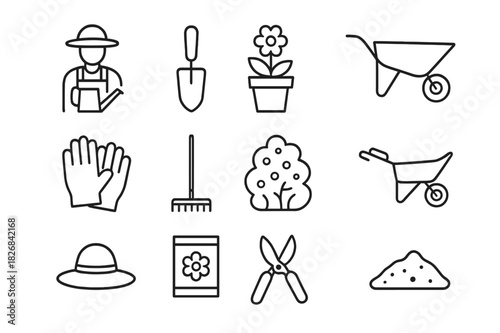 Flower Gardening Icons. Flower Gardening. Line icon set of Flower Gardening: gardener with watering can, trowel, flower pot, sprouting plant, gloves, rake,