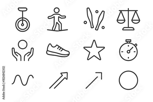 Balance and Coordination Icons. Balance and coordination. Line icon set of balance and coordination: unicycle, tightrope, juggling clubs, balance scale, ball,