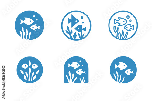 Oceanic Logo Variations. Oceans and seas. Icon set. Set Logo of oceans and seas: jellyfish drifting gracefully in water. harmonious logo variations of the same