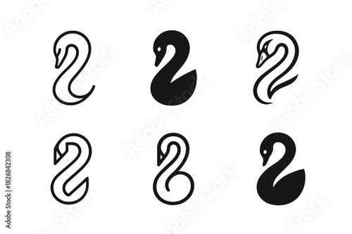 Elegant Swan Logos. Swans. Icon set. Set Logo of swans: swan head and neck forming elegant S curve. harmonious logo variations of the same emblematic concept,