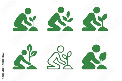 Tree Planting Logos. tree planting programs. Icon set. Set Logo of tree planting programs: community reforestation. harmonious logo variations of the same