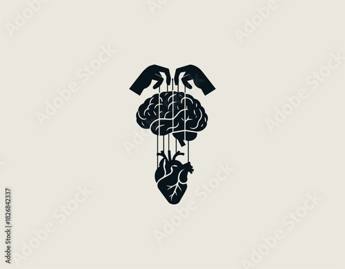 Black Vector Illustration of hands controlling the brain and heart as a puppet.