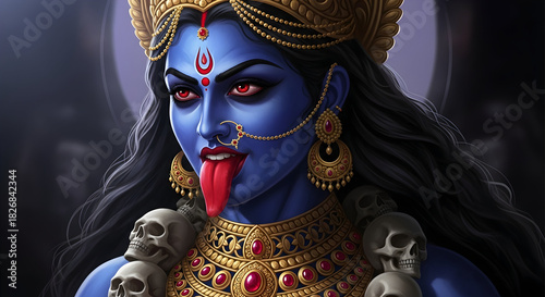 Portrait of fierce Hindu Goddess Kali with blue skin wearing skull necklace and showing red tongue
