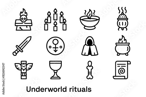 Underworld Ritual Icons. Underworld rituals. Line icon set of underworld rituals: Sacrifice Altar, Candle Circle, Offering Bowl, Incense Burner, Ritual Knife,