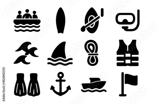 Water Adventure Icons. Water-Based Risk. Solid icon set of Water-Based Risk: whitewater raft, surfboard, kayak, diving mask, waves, shark fin, rope, life