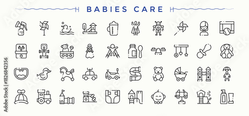 Babies Care line icon set. Baby icon set. Minimalist icons collection. It contains symbols to care, newborn, child care, baby, kid and more. Vector artwork and illustration.