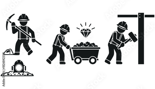 Illustration of miners working with tools and a diamond icon above ore