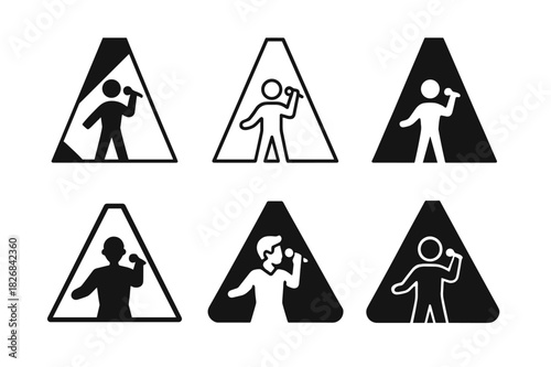 Singer Logo Variations. Singing for TV shows and live performances. Icon set. Set Logo of singing for TV shows and live performances: spotlighted singer