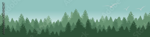 Illustration of a pine forest with evergreen trees and birds flying in a pale green sky.