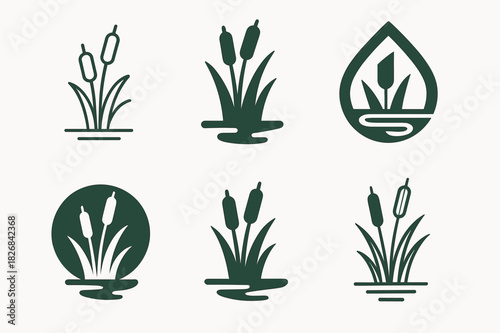Wetlands Logo Variations. Wetlands. Icon set. Set Logo of wetlands: water reeds and cattails. harmonious logo variations of the same emblematic concept, each