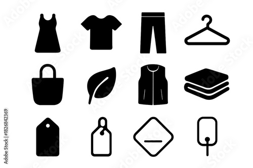 Minimalist Fashion Icons. Minimalist fashion. Solid icon set of Minimalist fashion: simple dress, basic shirt, plain pants, hanger, tote bag, eco icon,