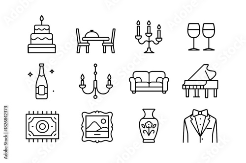 Festive Icon Set. Festive Gathering. Line icon set of Festive Gathering: cake, dining table, candelabra, wine glasses, champagne bottle, chandelier, sofa set,