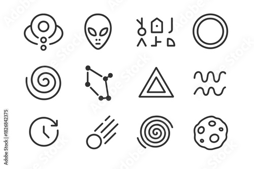 Extraterrestrial Icon Set. Extraterrestrial symbols. Line icon set of extraterrestrial symbols: crop circle, alien glyph, unknown script, portal ring, cosmic
