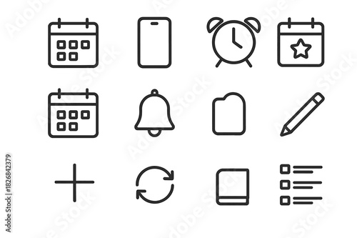 Digital Planner Icons. Digital Planner Icons. Line icon set of Digital Planner Icons: calendar app, smartphone, alarm clock, date selection, reminder bell,