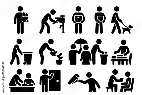 Daily Assistance Icons. Daily assistance. Solid icon set of daily assistance: carrying groceries, fixing sink, delivering package, walking dog, taking out